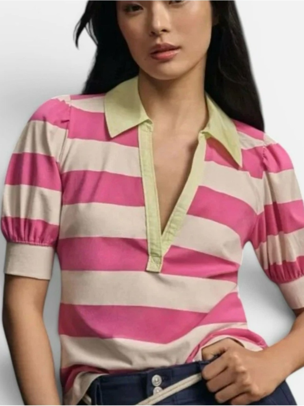 Anthropologie Pink and Cream Striped Polo with Light Green Collar